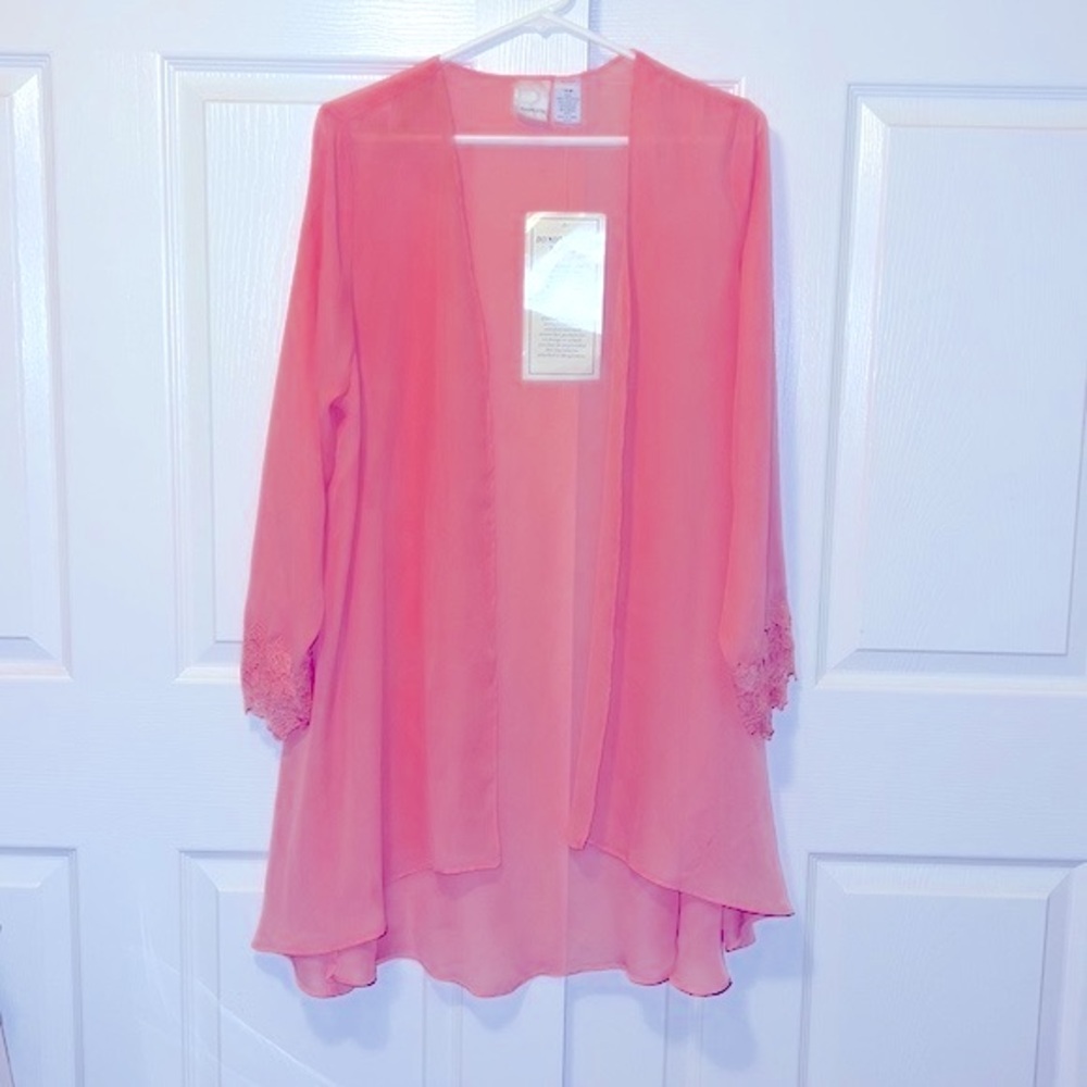 Roaman's Coral Pink Open Front Lace Trim Cardigan